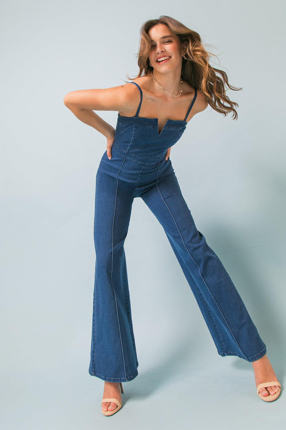 Making Magic Denim Jumpsuit with Flare Legs and V Neck Back Zipper in 20med 20ind, view 2023 — Soul Flow Apparel