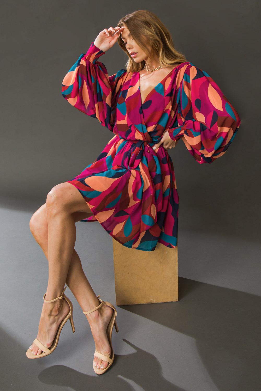 Boston Getaway Woven Mini Dress Surplice Neckline Elasticized Waist Self Tie — Soul Flow Apparel