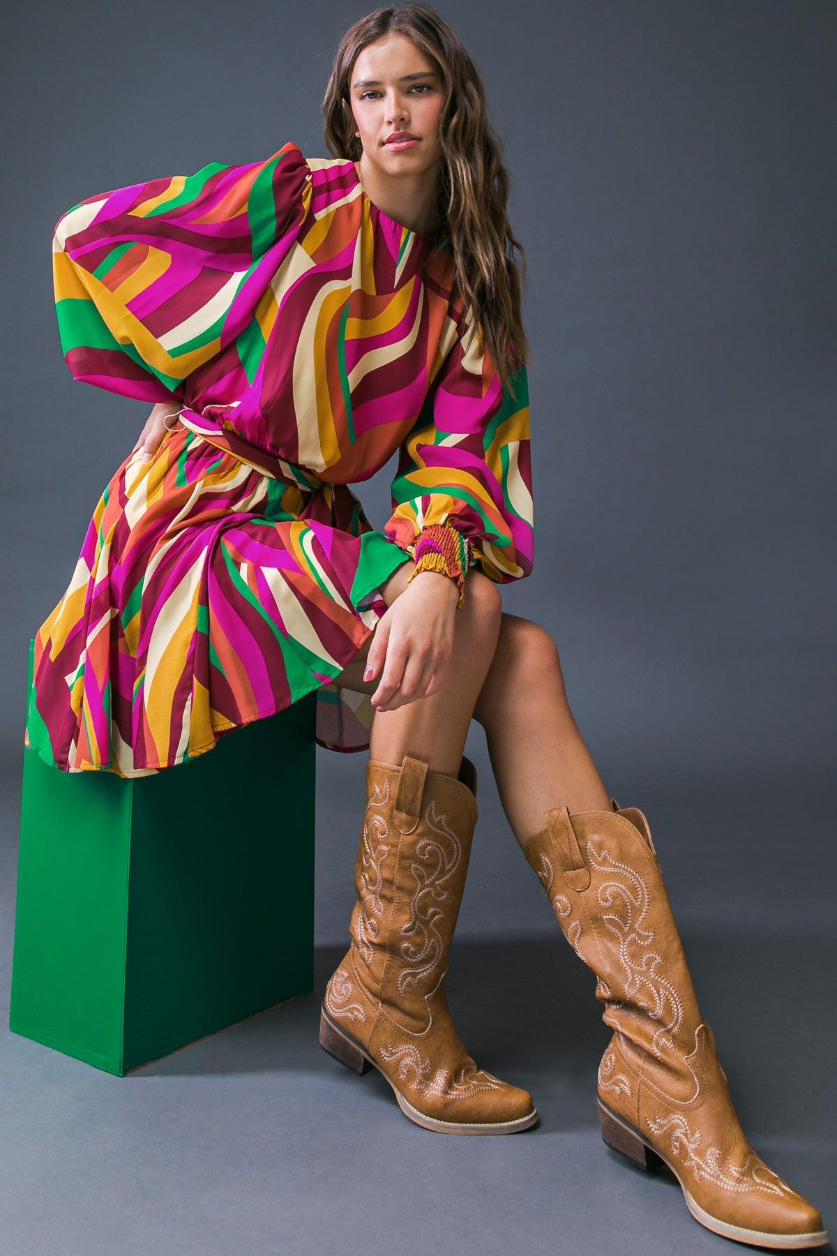 Keep on Moving Printed Woven Mini Dress with Elasticized Waist Self Sash Tie — Soul Flow Apparel