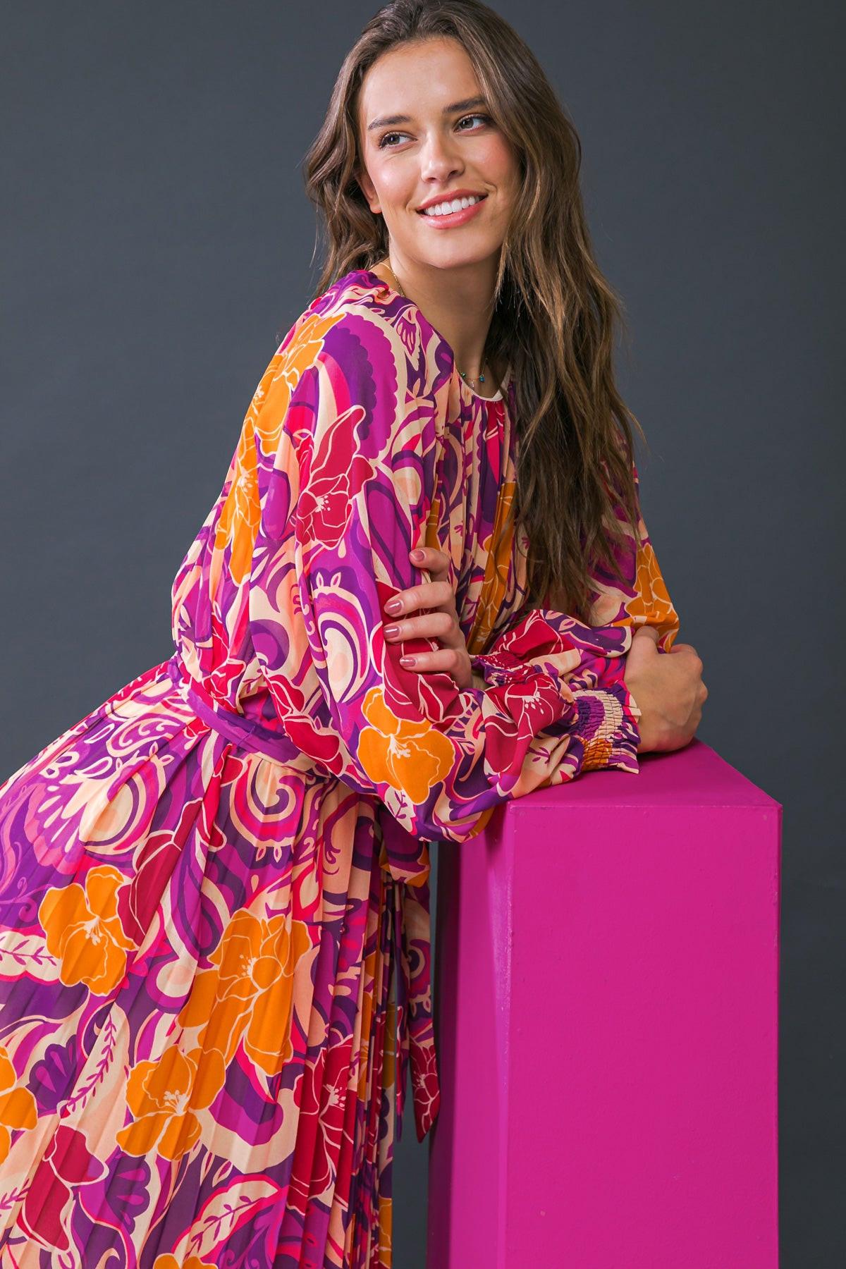 Changing Locations Printed Woven Maxi Dress Round Neckline Smocked Cuff Sleeves — Soul Flow Apparel