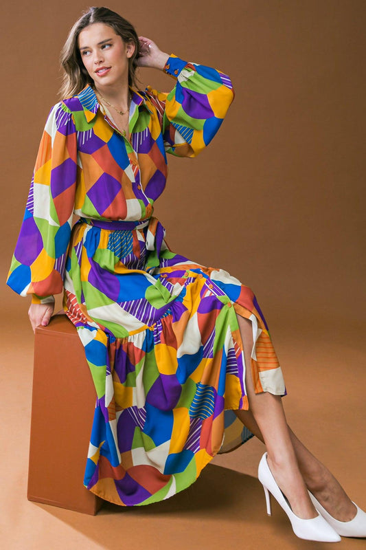 Remarkable Flair Printed Woven Midi Dress with Shirt Collar and Self Tie — Soul Flow Apparel