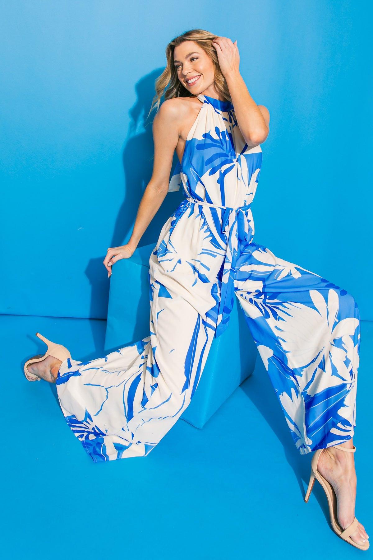 Vacation Jumpsuit Printed Woven Bare Back Halter Neck Back Tie Wide Leg — Soul Flow Apparel