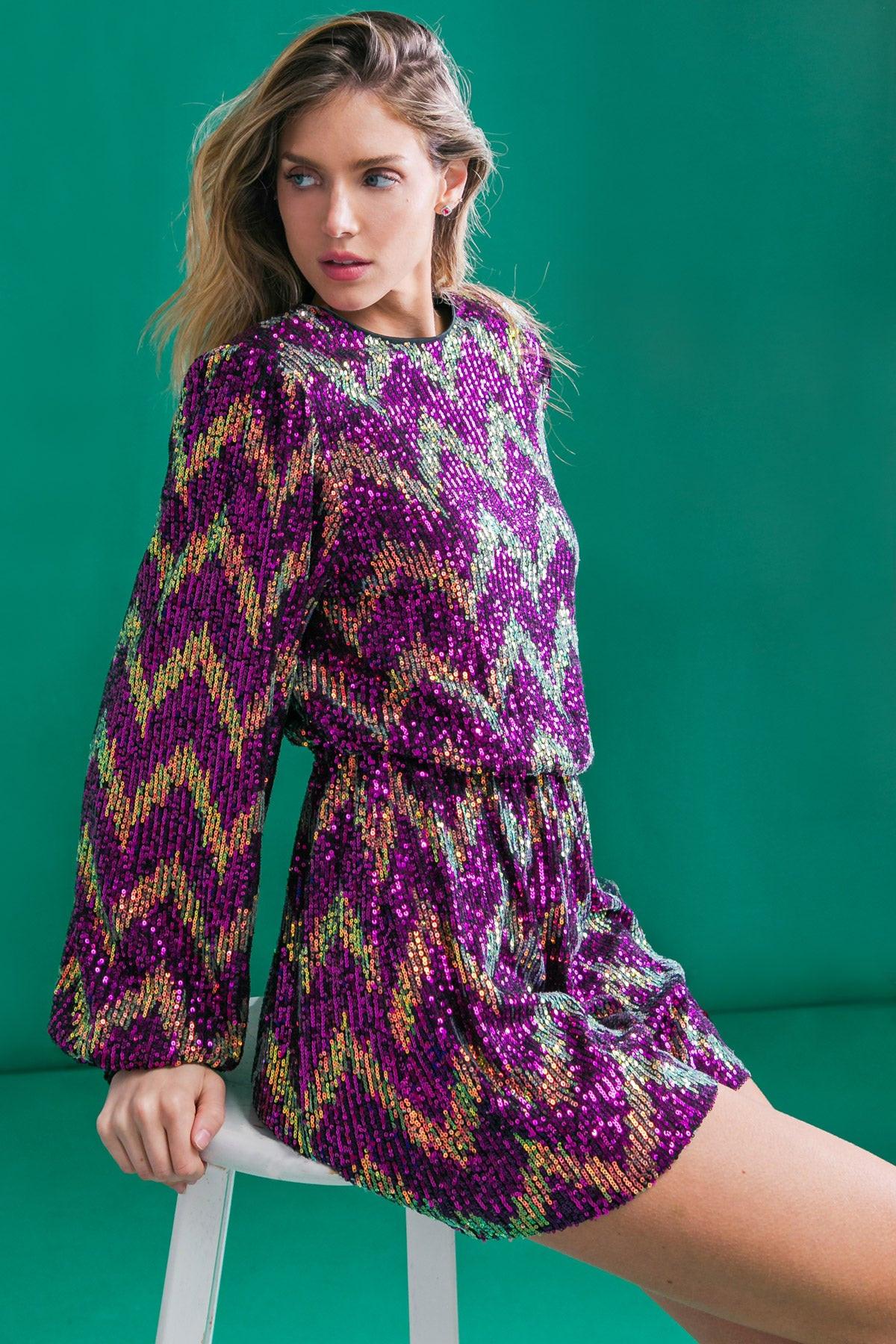 Real Allure Sequin Romper with Round Neckline Elastic Waist and Sleeves — Soul Flow Apparel