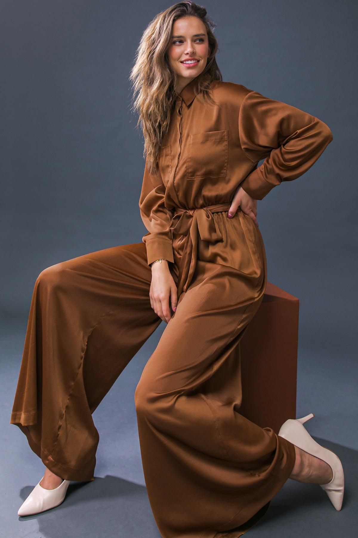 Simply Trendy Solid Woven Jumpsuit with Shirt Collar and Self Tie — Soul Flow Apparel