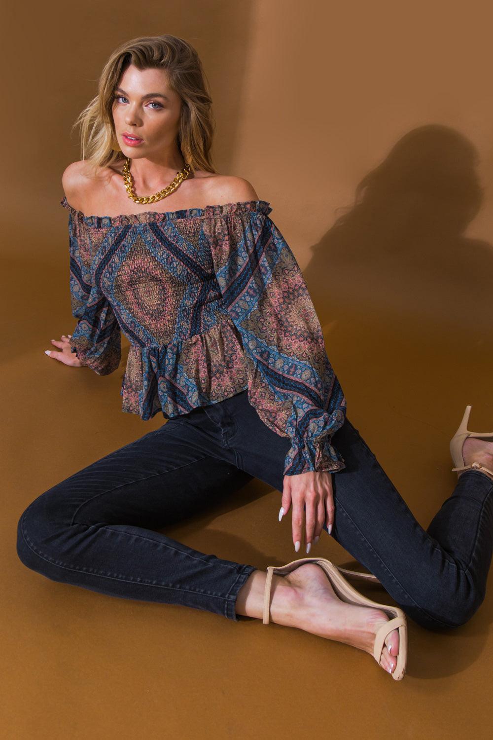 Boho Rainbow Woven Top With Off Shoulder Ruffle Puff Sleeves Peplum