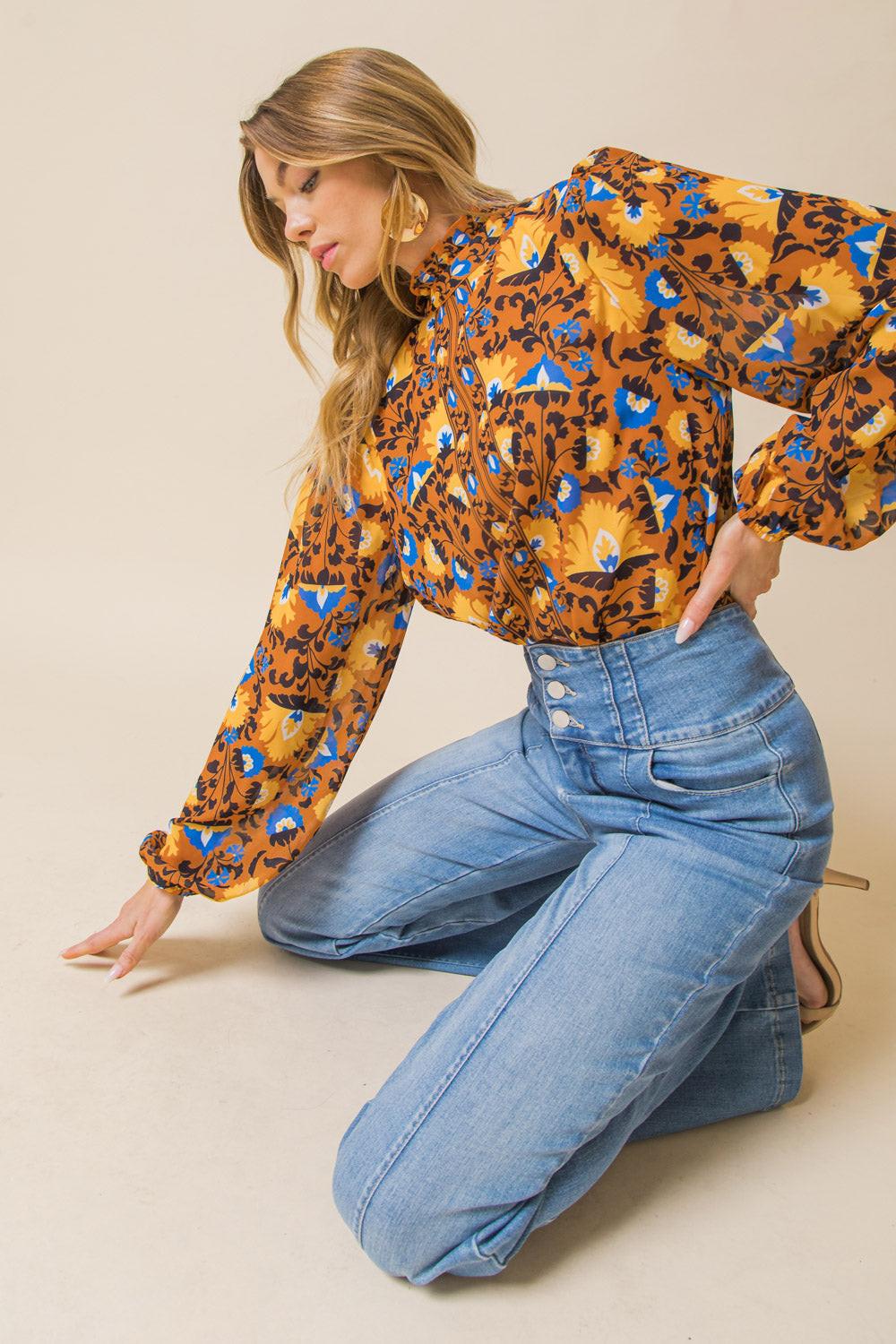Overthinking It Woven Top with High Neckline and Ruffled Peasant Sleeves — Soul Flow Apparel
