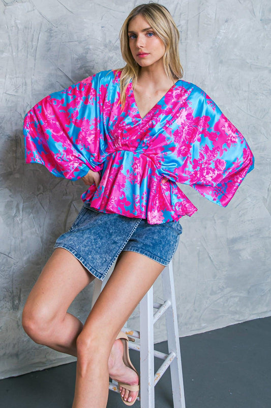 Blue Woven Top with V Neck Pleated Peplum Long Kimono Sleeves — Soul Flow Apparel