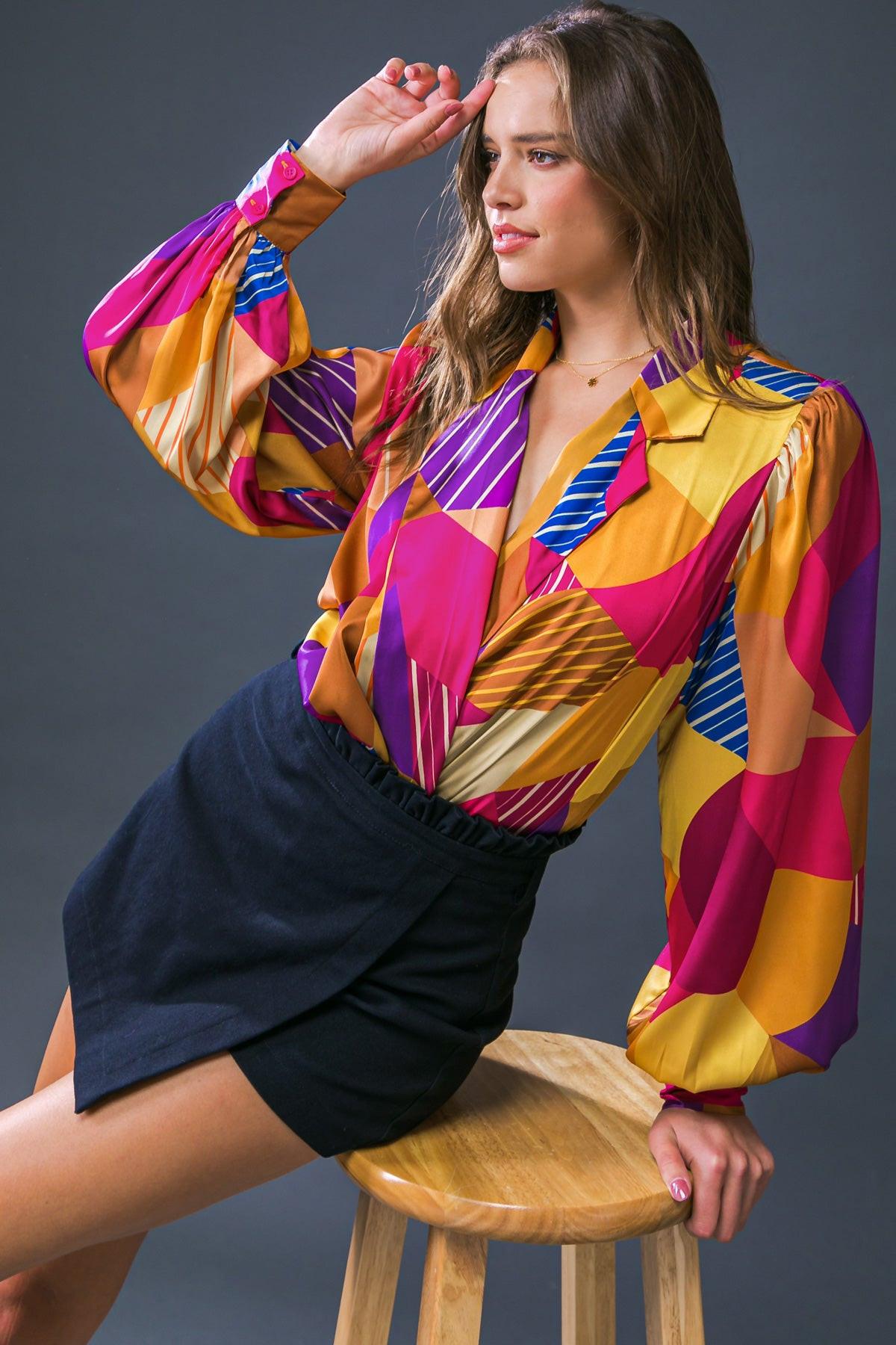 New in Town Woven Bodysuit with Blazer Collar and Surplice Neckline — Soul Flow Apparel