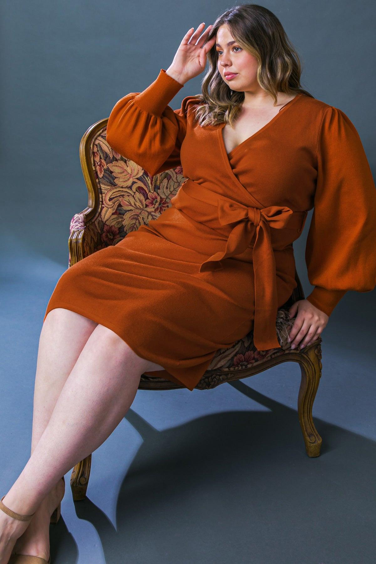 Adorable Ideal Sweater Midi Dress with Surplice Neckline Blouson Sleeves — Soul Flow Apparel