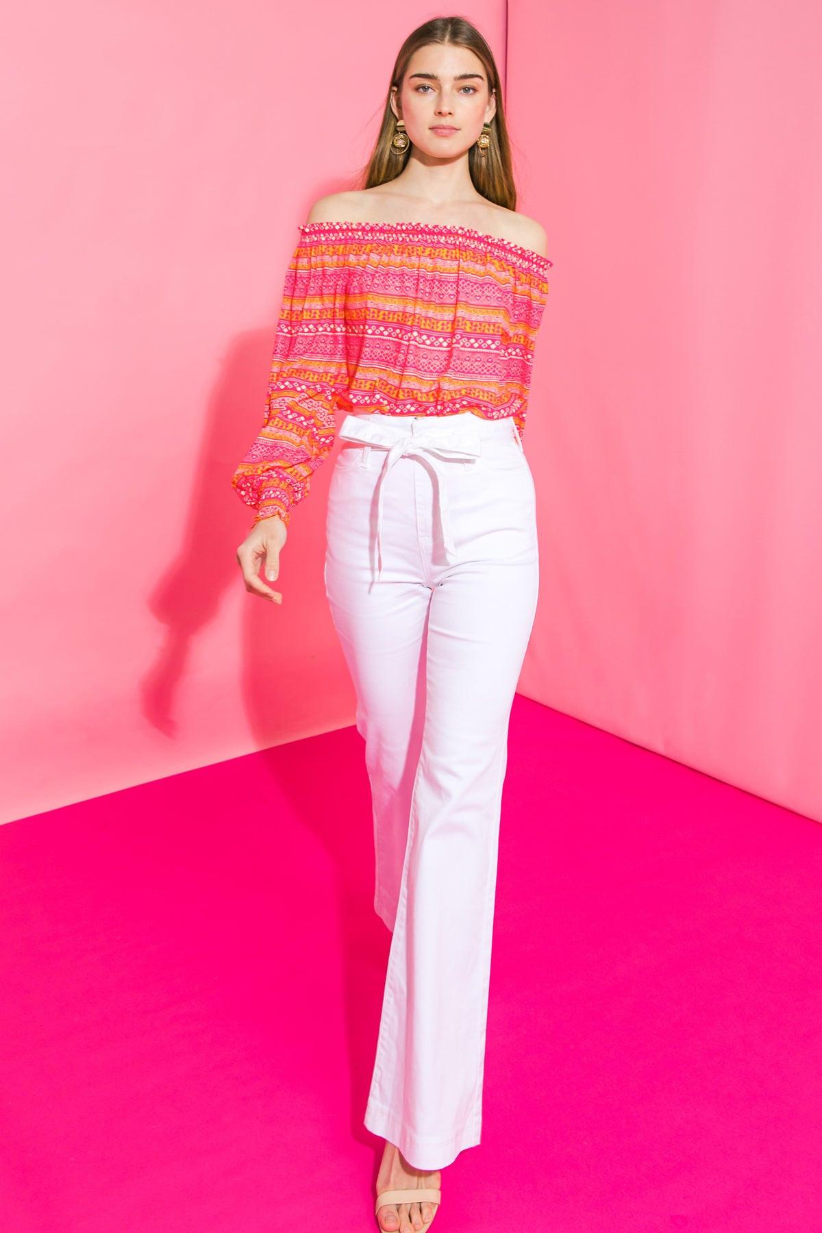 Cosmo Please Woven Top Off Shoulder Printed Lightweight Spring Top Smocked Cuff in 20fuch 20ora3 — Soul Flow Apparel
