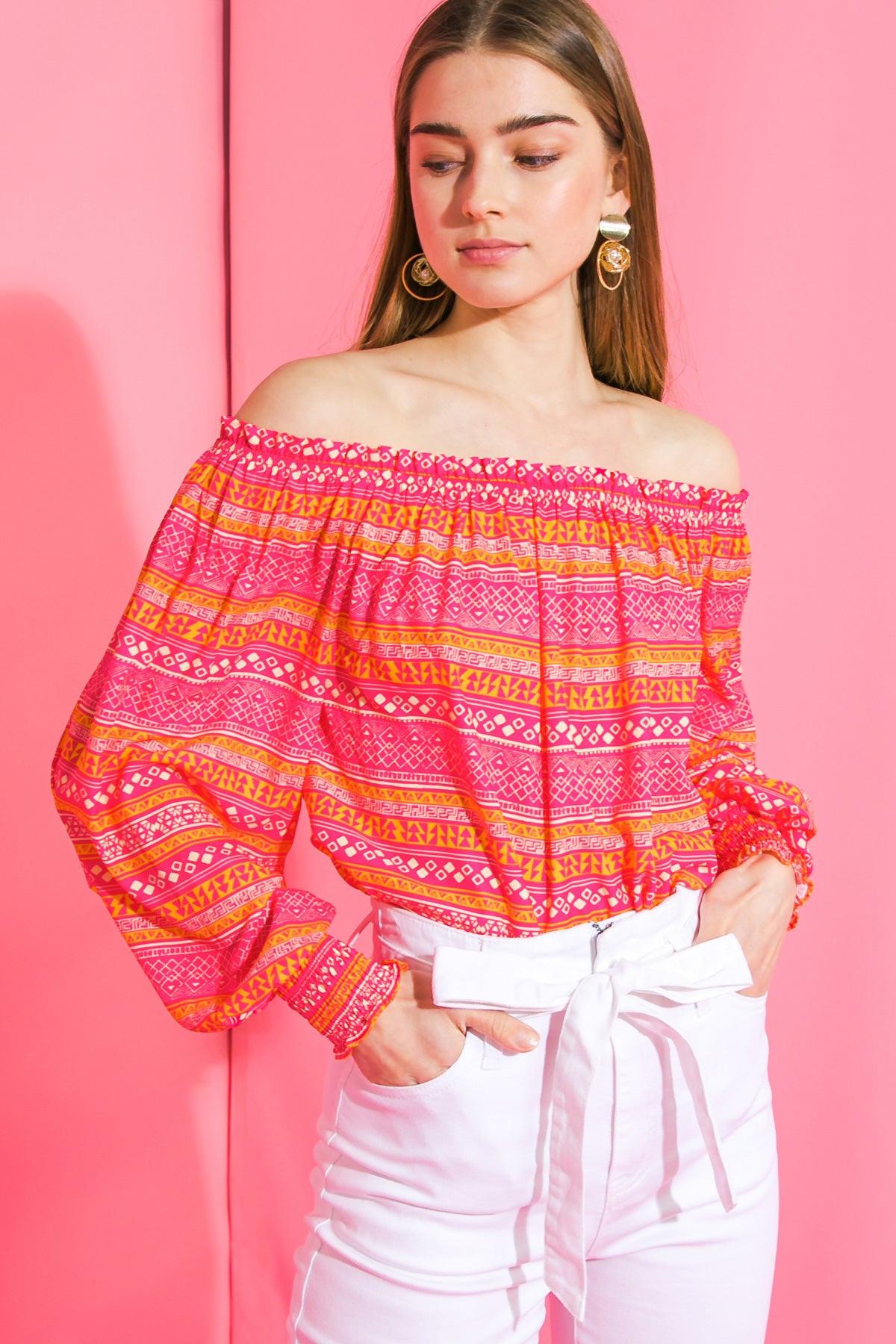 Cosmo Please Woven Top Off Shoulder Printed Lightweight Spring Top Smocked Cuff in 20fuch 20ora5 — Soul Flow Apparel