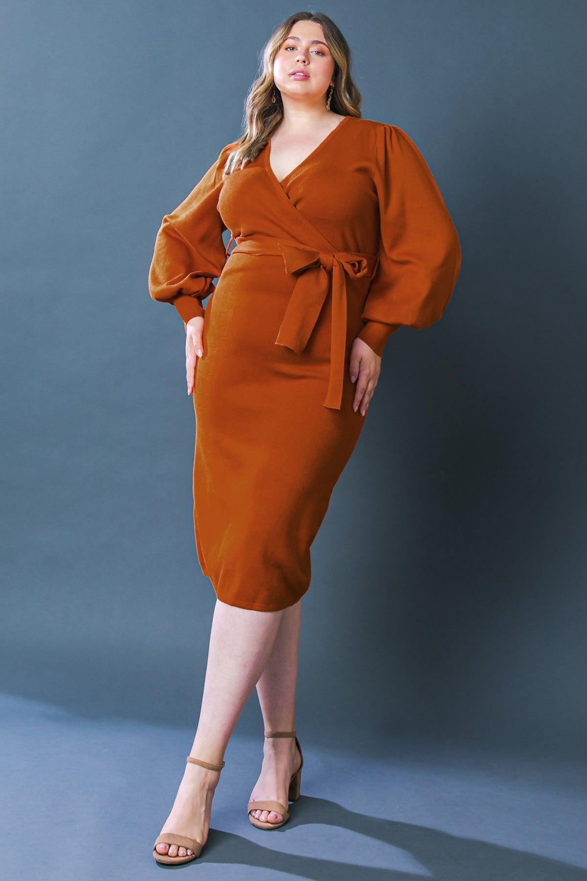 Adorable Ideal Sweater Midi Dress with Surplice Neckline Blouson Sleeves — Soul Flow Apparel