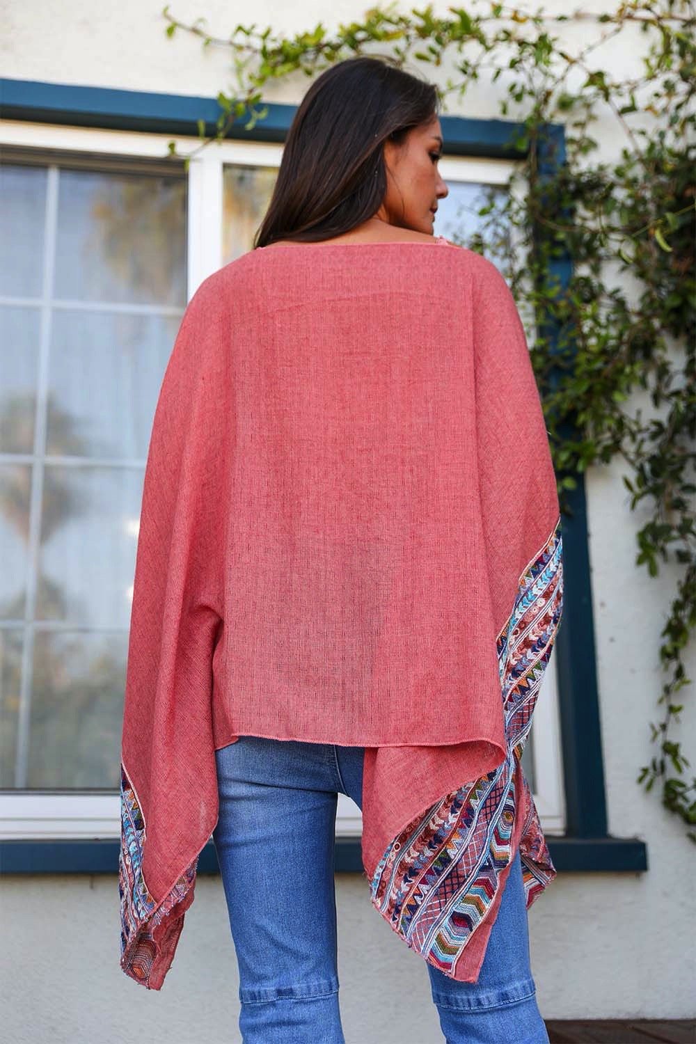 Geometric Embroidered Tunic Kimono Rust