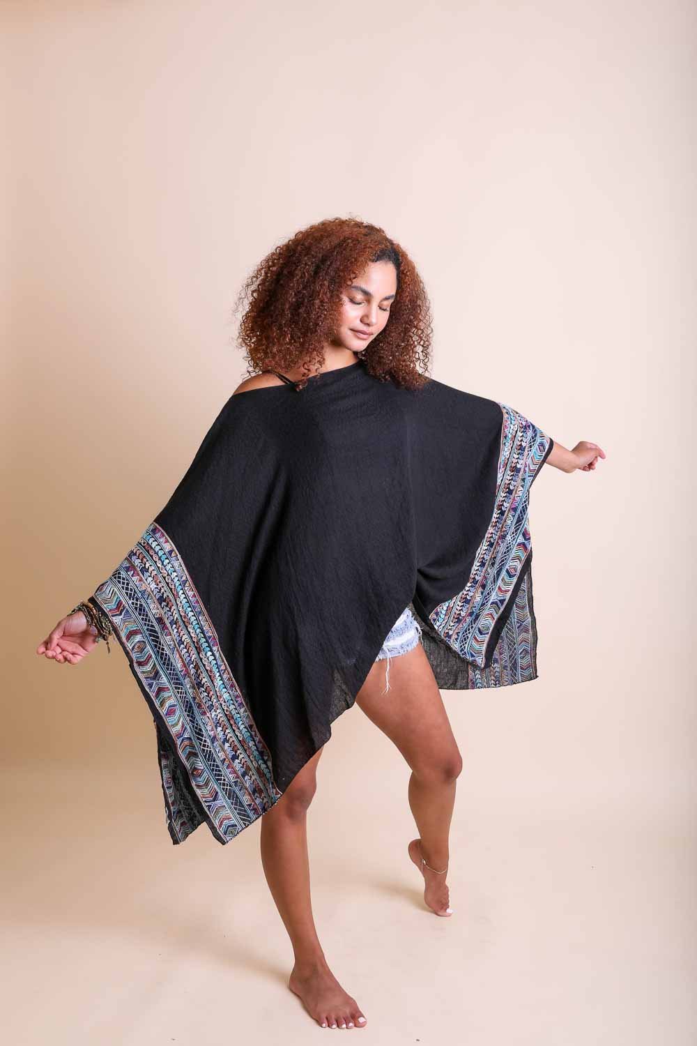 Leto Collection geometric embroidered kimono tunic with colorful patterns and relaxed fit, perfect for casual or layered styling.