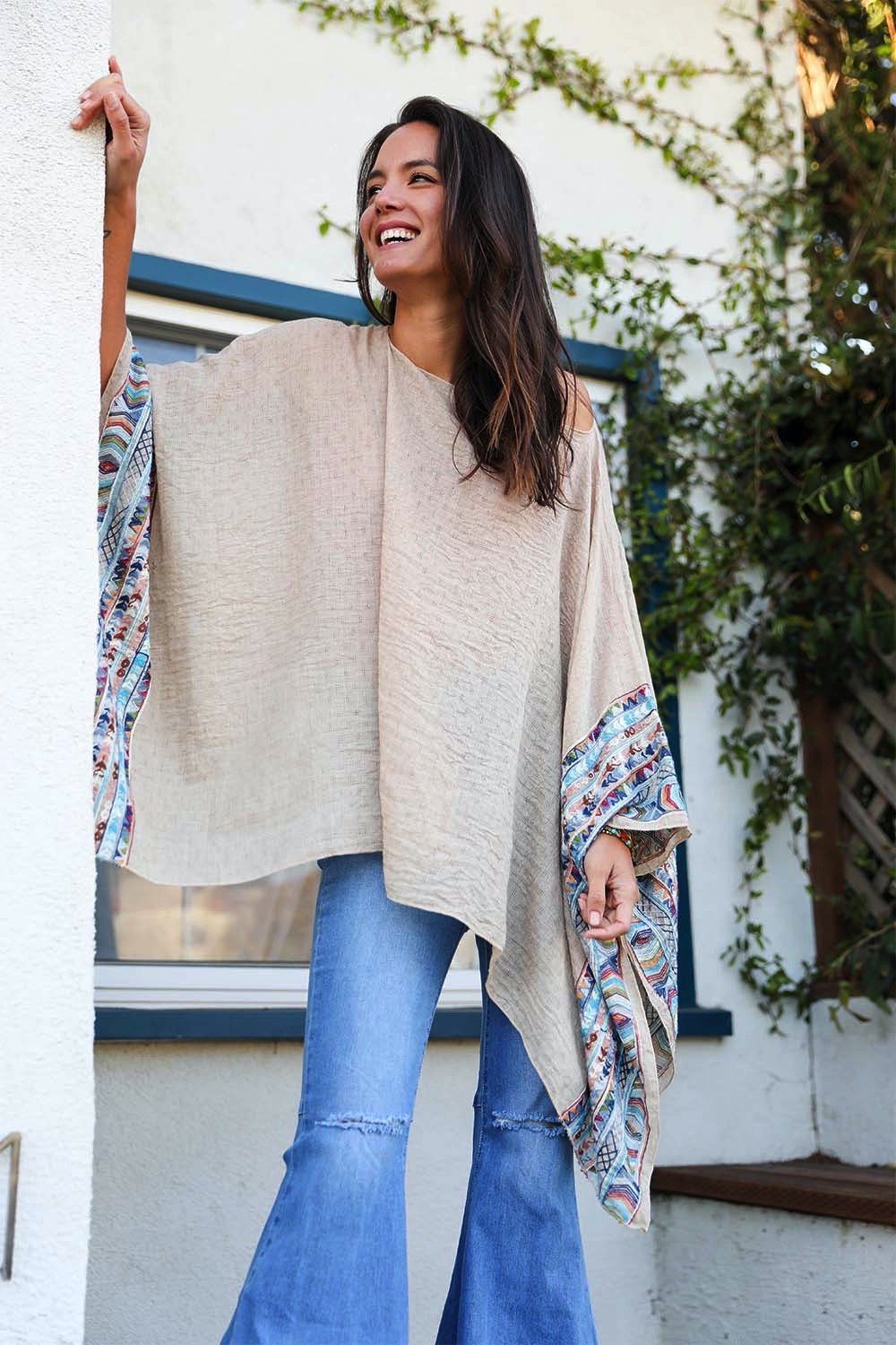 Leto Collection geometric embroidered mocha kimono tunic with intricate patterns and relaxed fit, perfect for casual or stylish wear.