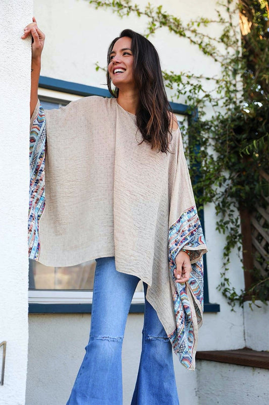 Leto Collection geometric embroidered mocha kimono tunic with intricate patterns and relaxed fit, perfect for casual or stylish wear.