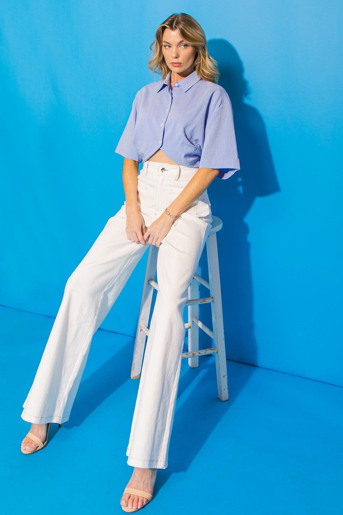 Made You Look Button Down Short Sleeve Cropped Shirt in 20bby 20blue20 — Soul Flow Apparel