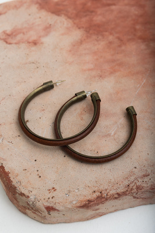 Rustic Charm Leather & Brass Hoop Earrings Jewelry Brown