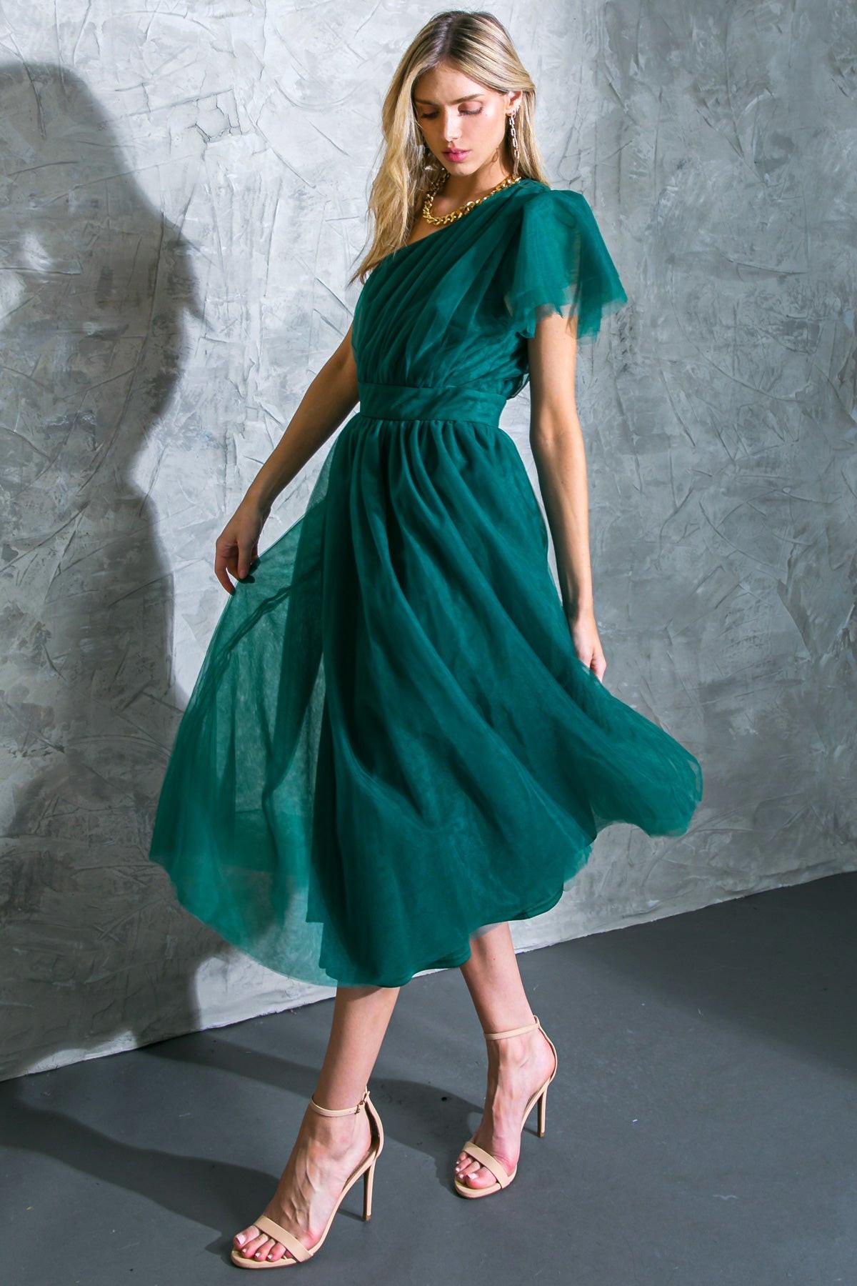 Lively Charm Tulle Midi Dress One Shoulder Silhouette With Layered Sleeve