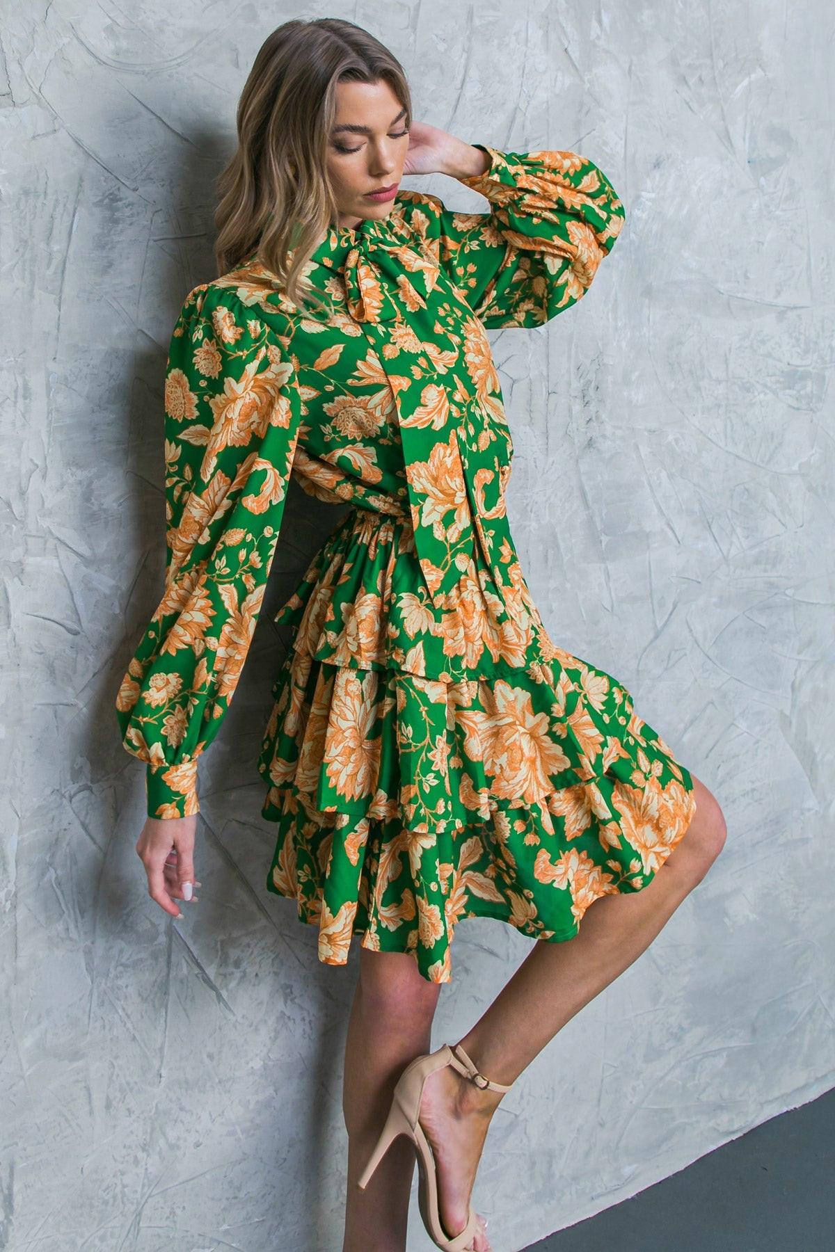 Girl in Mine Printed Woven Mini Dress with Collar Tie and Elastic Waist in 20gre43, view 2 — Soul Flow Apparel