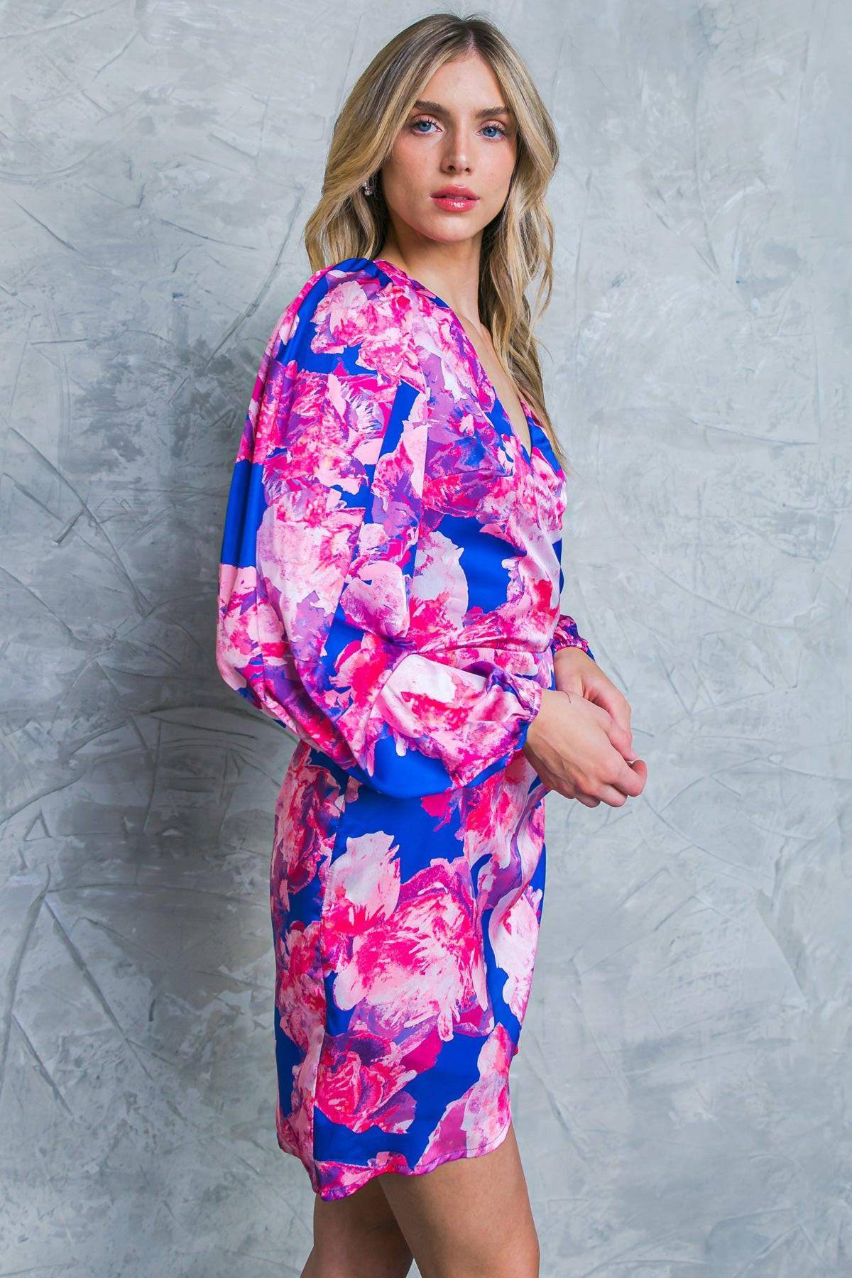 Dramatically Chic Printed Satin Mini Dress with Surplice Neckline in 20blu 20fuc11 — Soul Flow Apparel