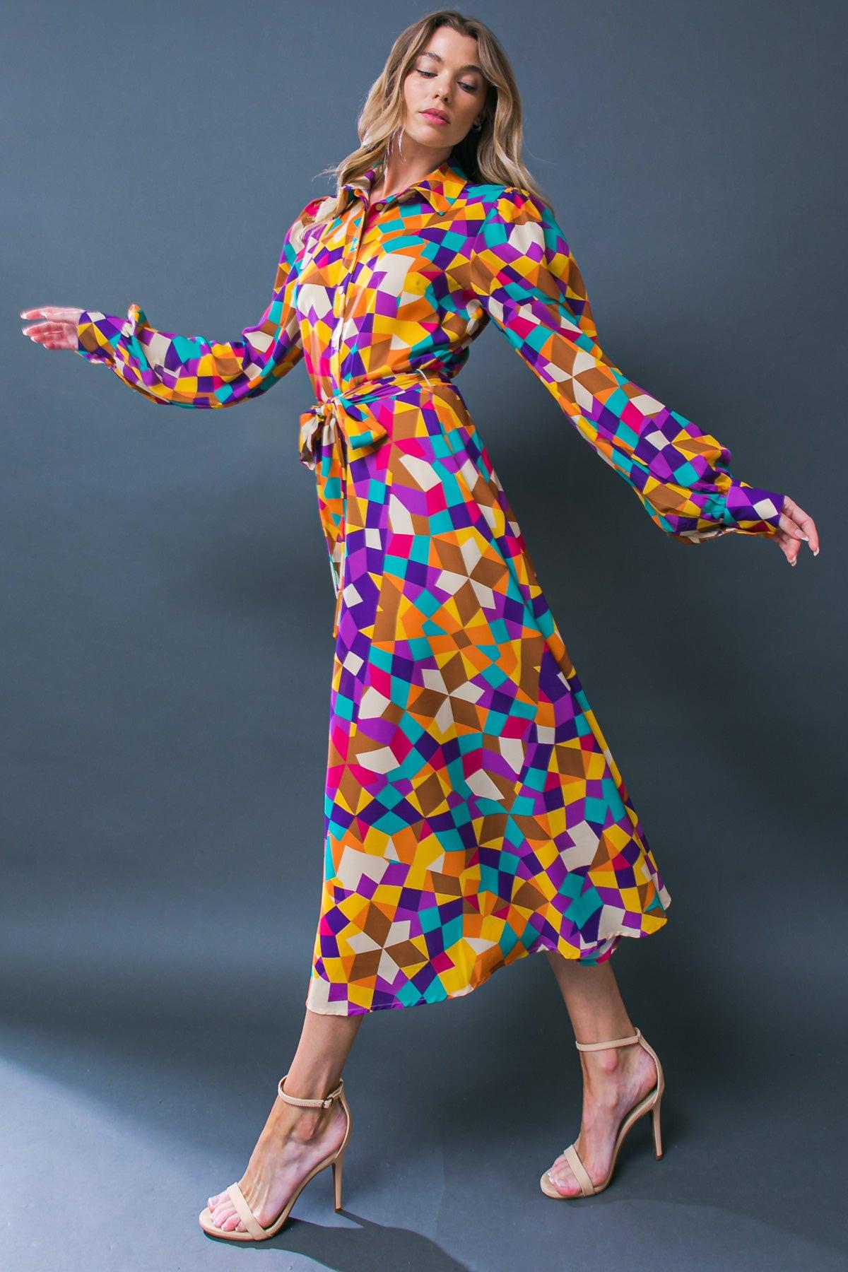 Change in the Air Woven Midi Dress with Shirt Collar and Removable Sash in 20pur 20tea30 — Soul Flow Apparel