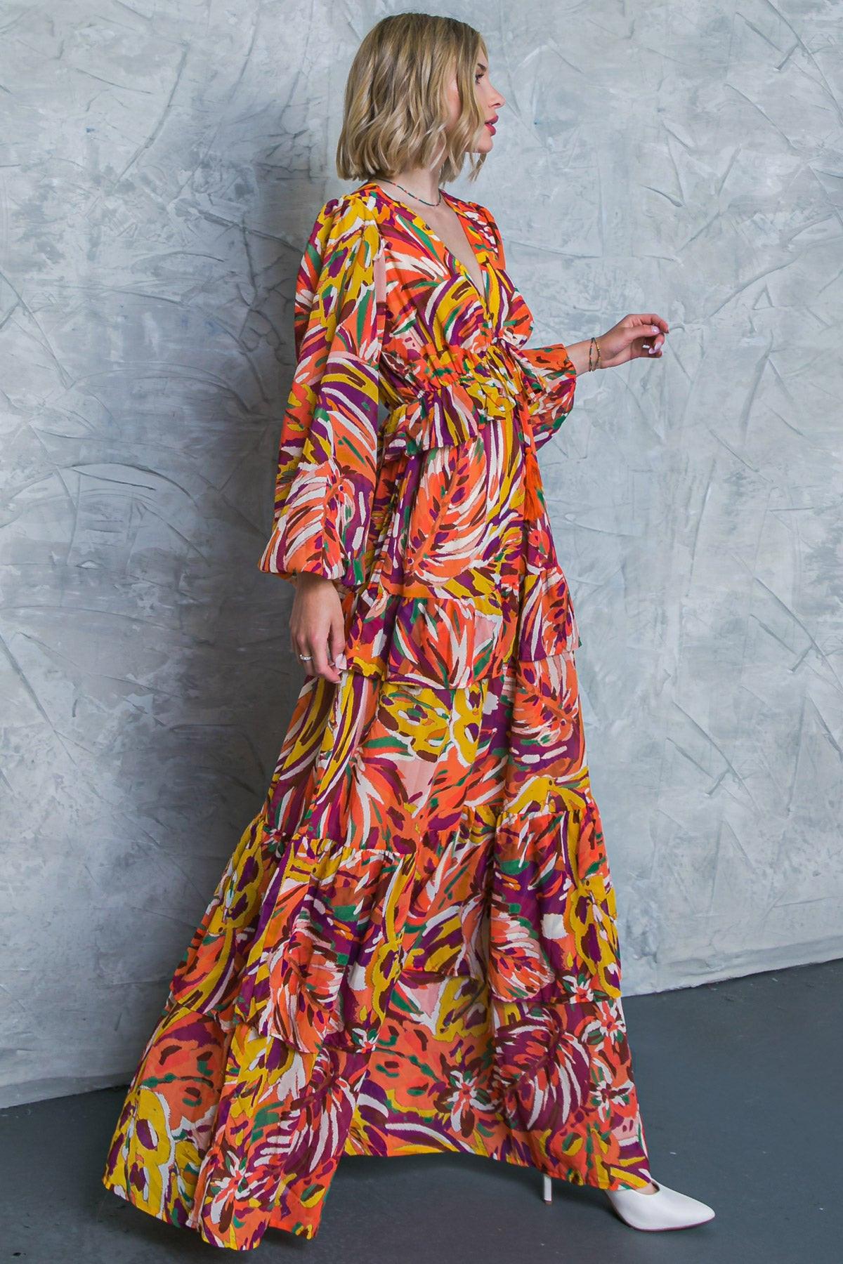 Wonderful Soul Woven Maxi Dress with V Neck Elastic Waist and Long Sleeves in 20rus47 — Soul Flow Apparel