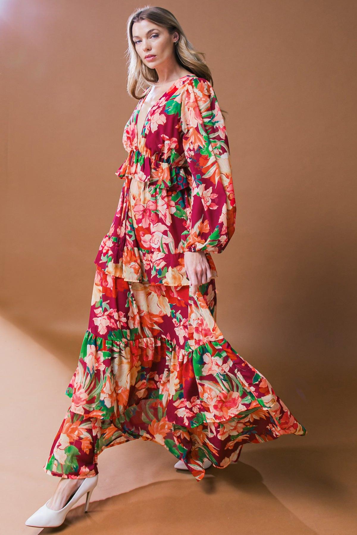 Leave You Speechless Woven Maxi Dress with V Neckline Long Sleeve Tiered Skirt in 20bur41 — Soul Flow Apparel
