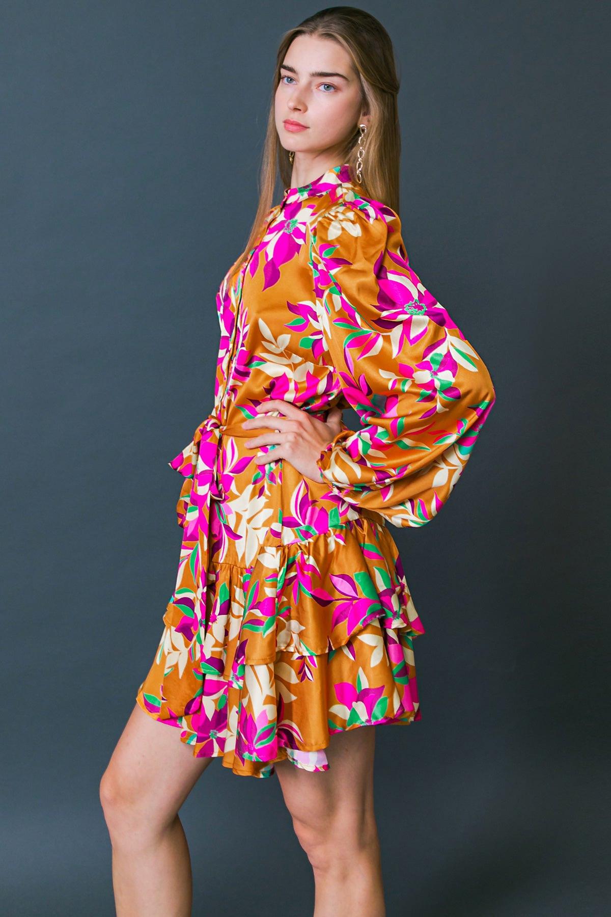 Just Believe in Me Woven Mini Dress Printed with China Collar Button Down in 20bron13 — Soul Flow Apparel