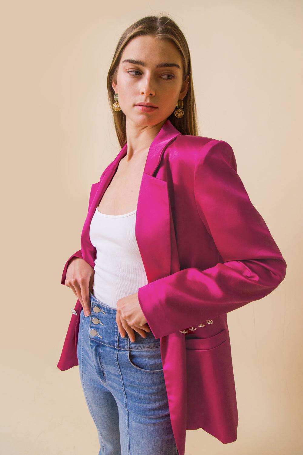 Perfect for Me Satin Blazer with Front Pockets Tailored Fit and Sleeve Buttons in 20fuch, view 2029 — Soul Flow Apparel