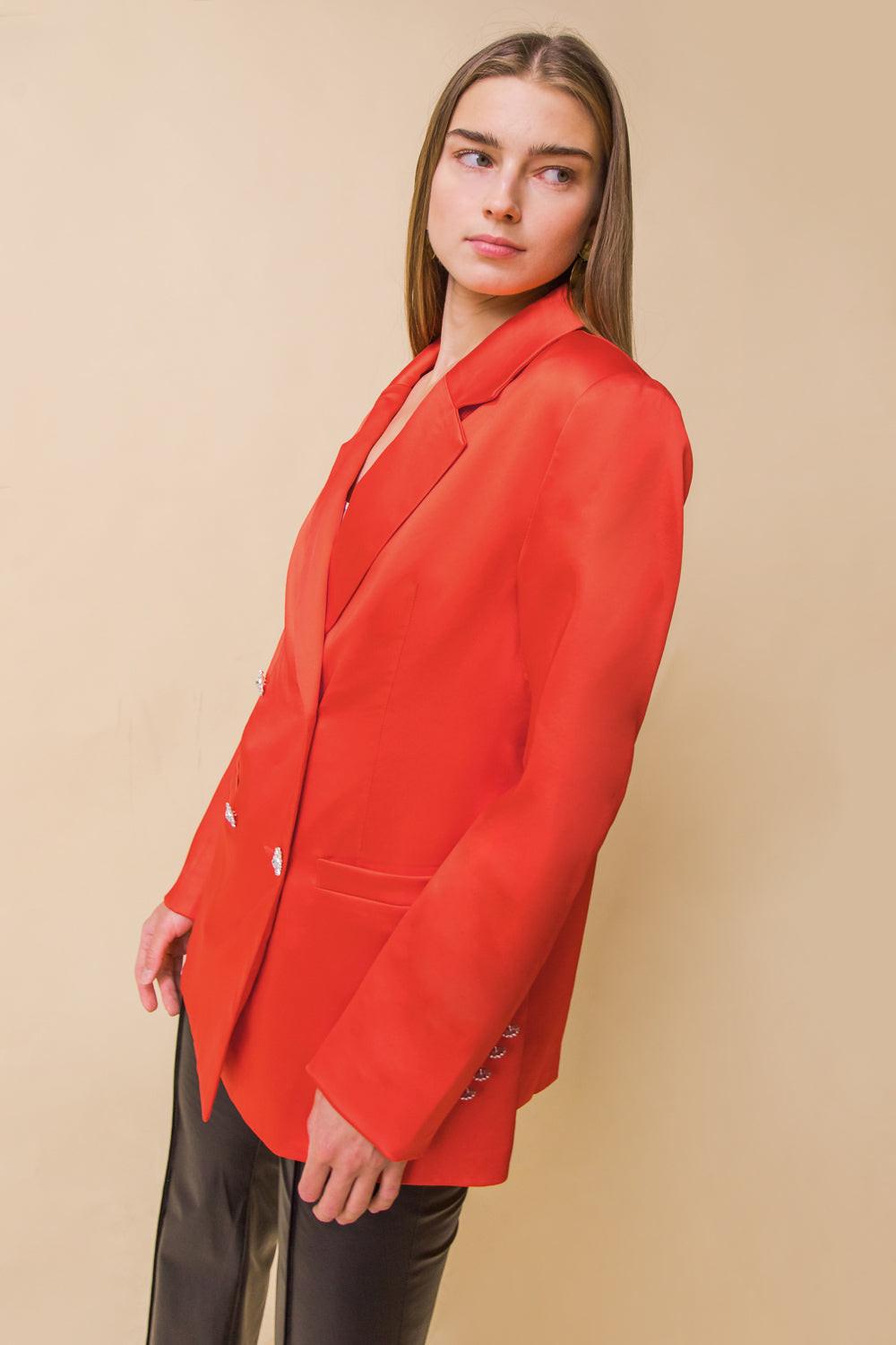 Perfect for Me Satin Blazer with Front Pockets Tailored Fit and Sleeve Buttons in 20orange, view 206 — Soul Flow Apparel