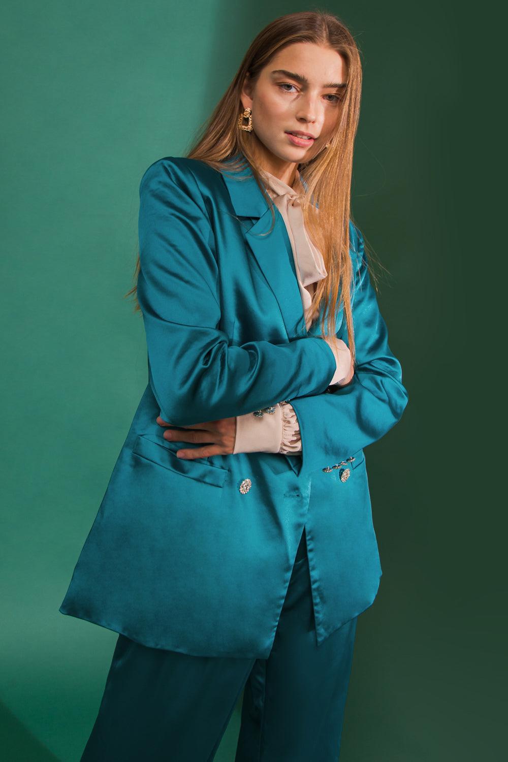 Perfect for Me Satin Blazer with Front Pockets Tailored Fit and Sleeve Buttons in 20teal, view 206 — Soul Flow Apparel