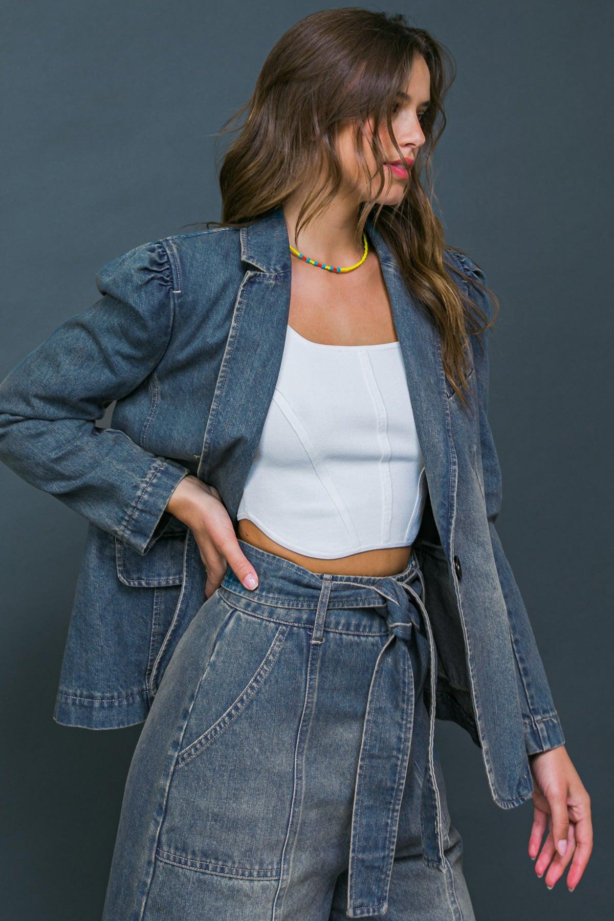 Give It Your All Denim Blazer Washed Denim Front Button Closure Pockets in 20den40 — Soul Flow Apparel