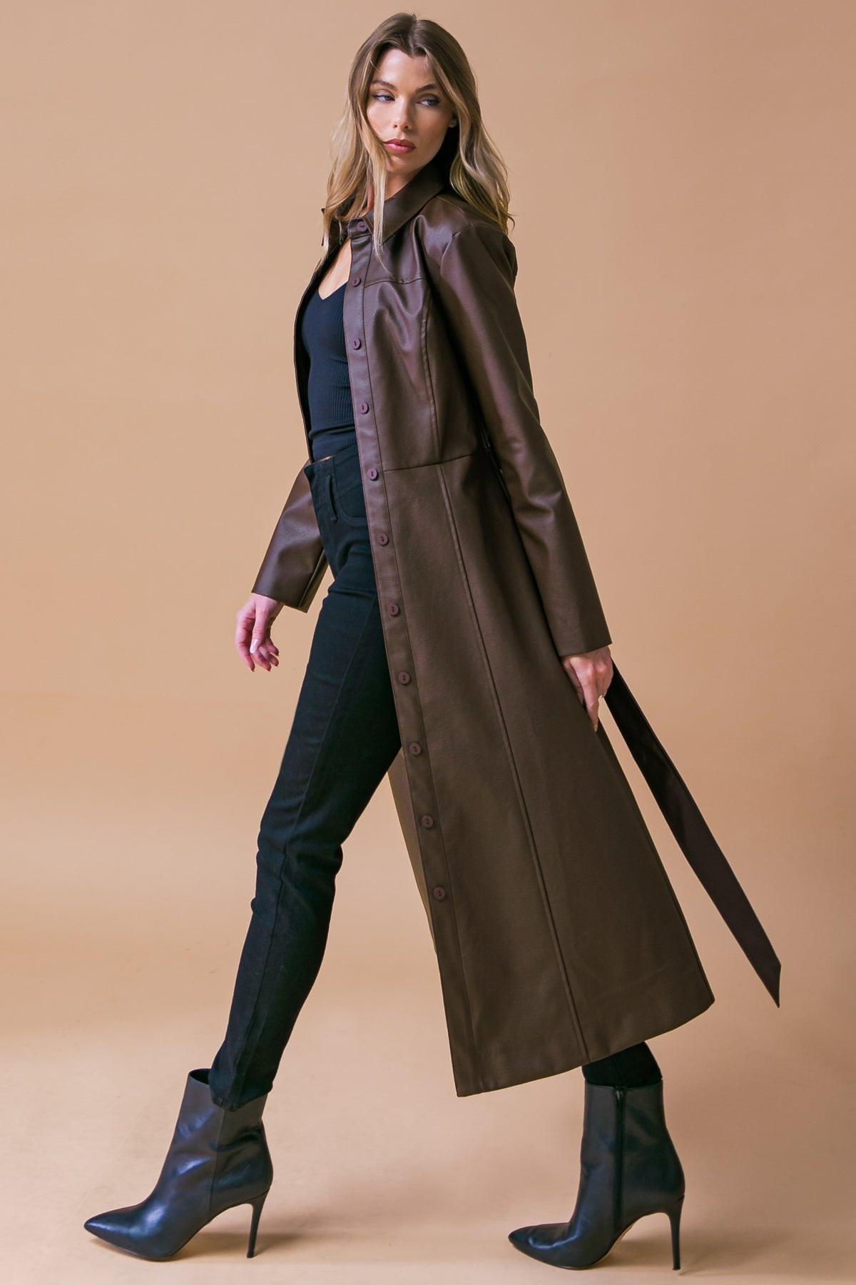 Wonderful Day Faux Leather Midi Coat with Button Down Detailing and Sash Tie in 20bro22 — Soul Flow Apparel