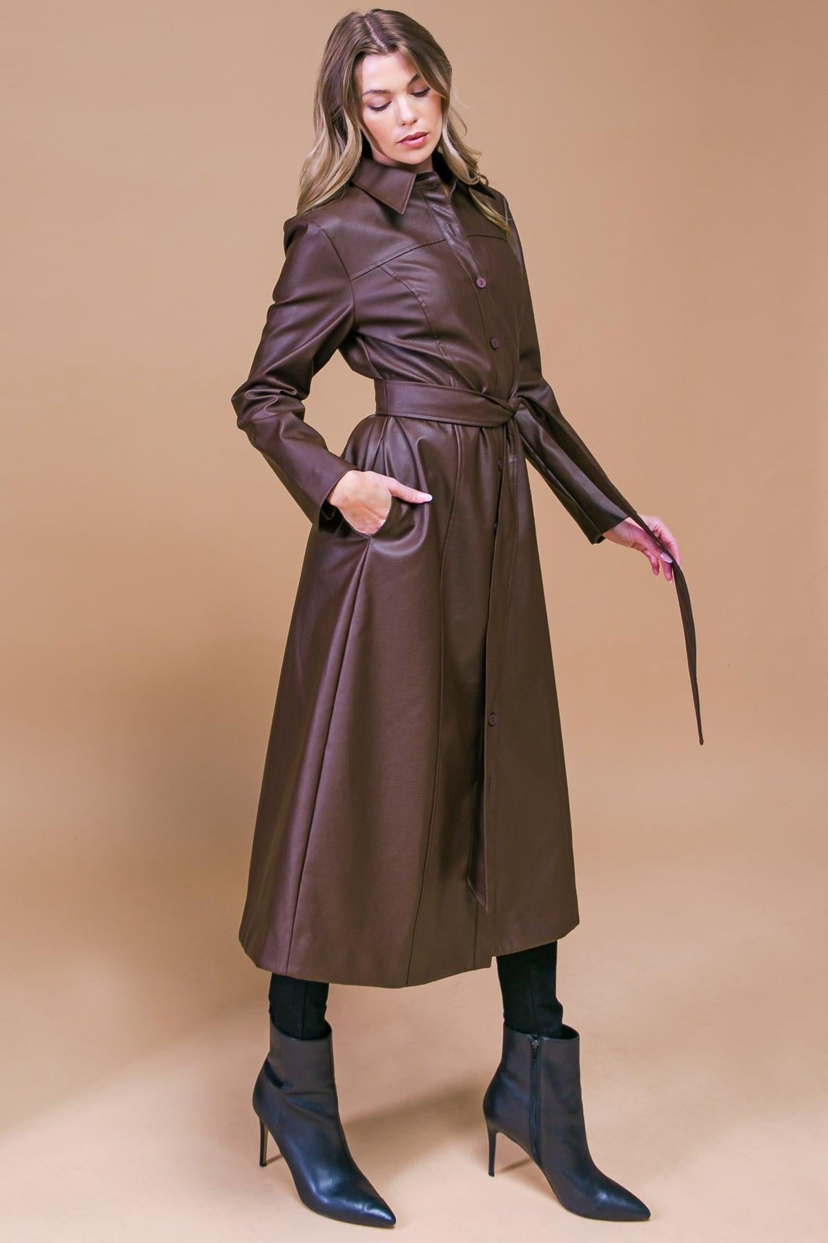 Wonderful Day Faux Leather Midi Coat with Button Down Detailing and Sash Tie in 20bro33 — Soul Flow Apparel