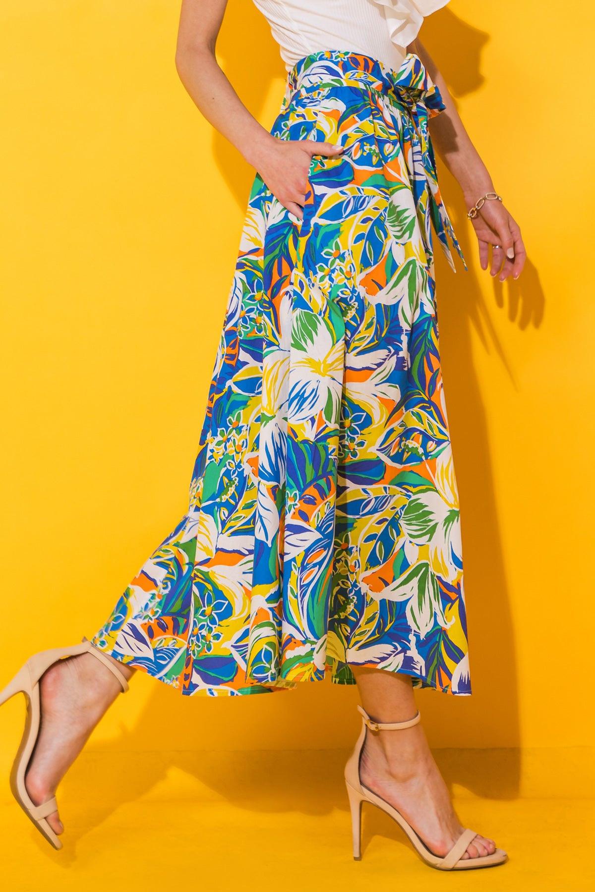 Printed Poplin Full Skirt with Self Tie and Pockets Side Zip Closure in 20blu 20grn18 — Soul Flow Apparel