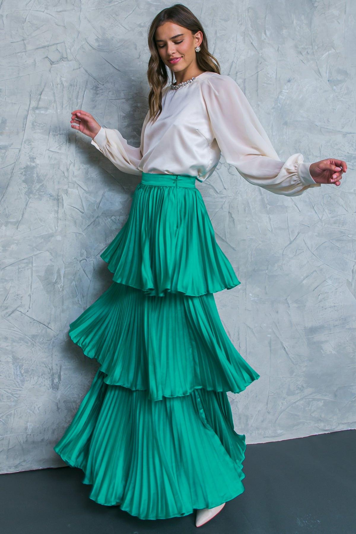 In Love with Me Woven Skirt Solid Color with Pleated Layers and Side Zipper in 20tea 20gre35 — Soul Flow Apparel