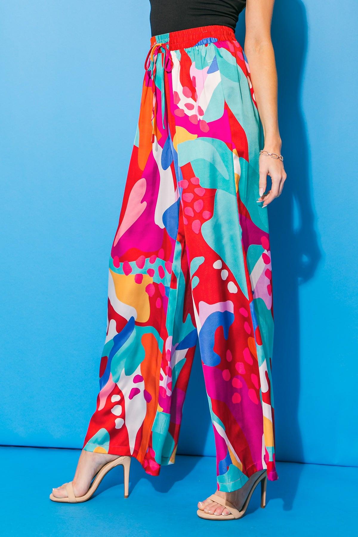 Cancun Getaway Satin Pants with Elastic Waist and Wide Leg Silhouette in 20multi16 — Soul Flow Apparel