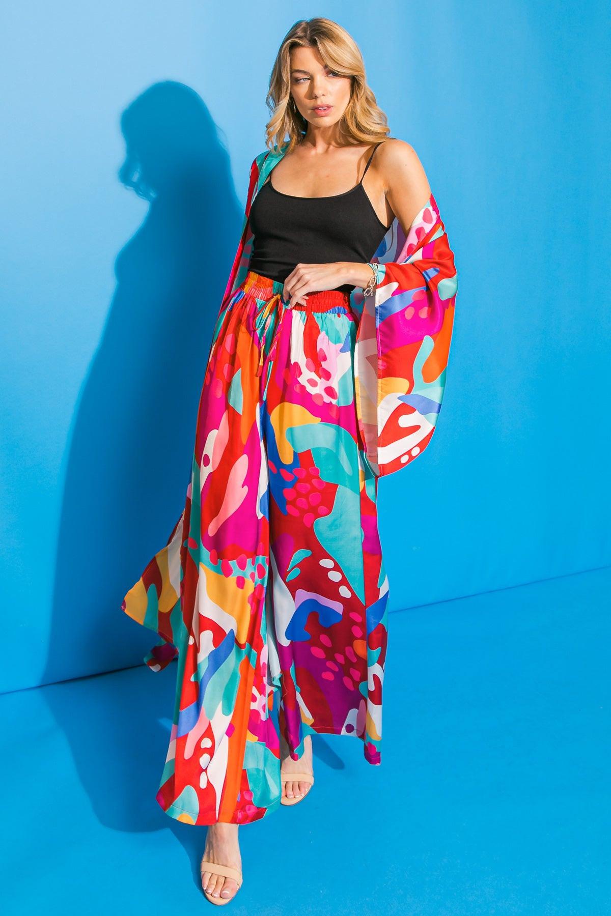 Cancun Getaway Satin Pants with Elastic Waist and Wide Leg Silhouette in 20multi33 — Soul Flow Apparel