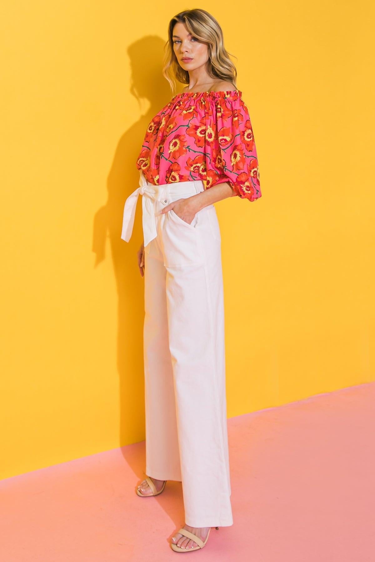 Just Say Yes Cotton Twill Pants with Self Tie Belt and Wide Leg in 20wht — Soul Flow Apparel