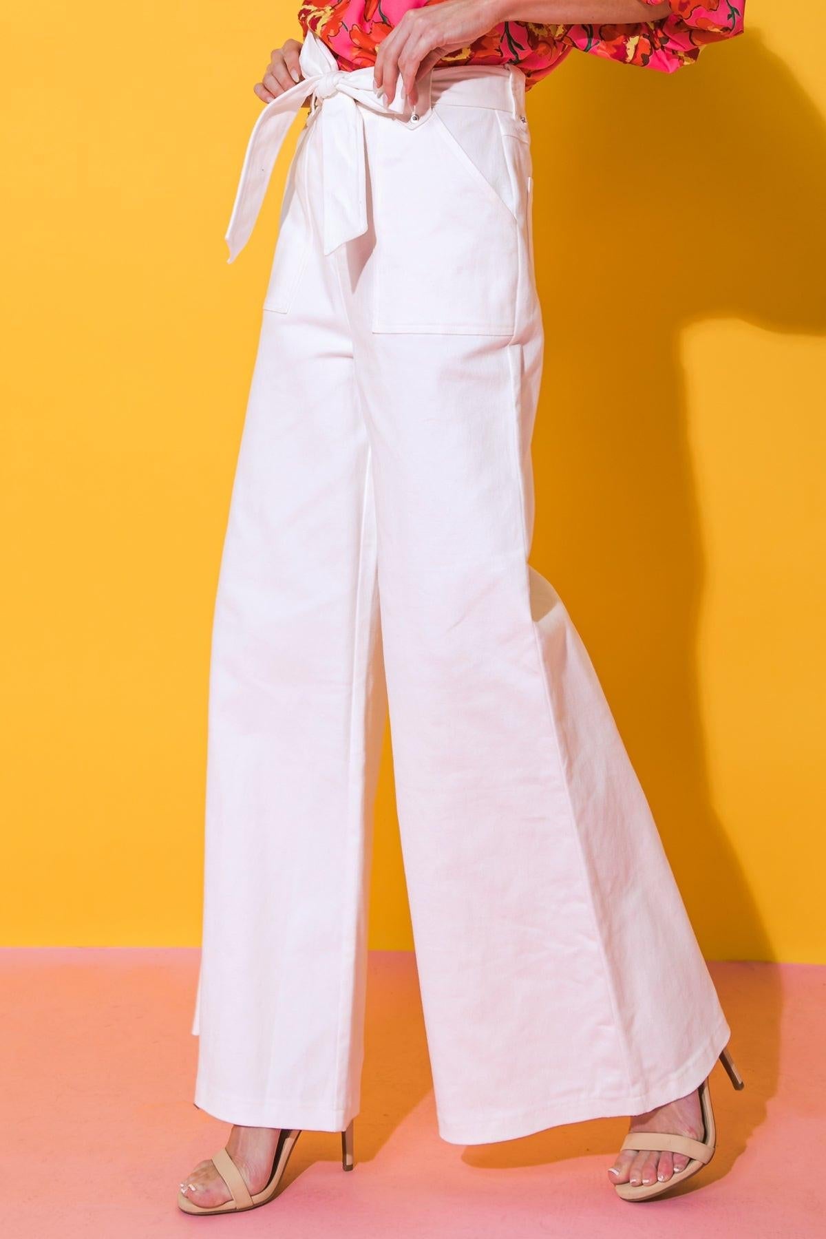 Just Say Yes Cotton Twill Pants with Self Tie Belt and Wide Leg in 20wht, view 204 — Soul Flow Apparel