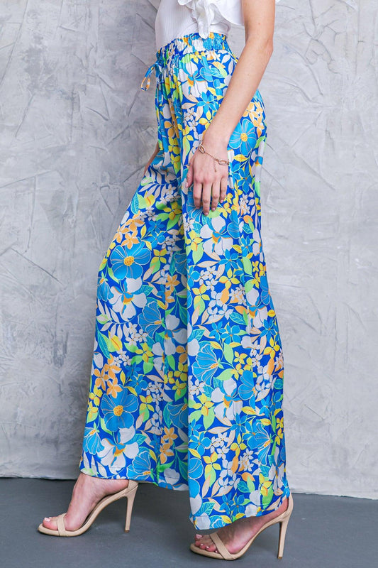 Cruising Through Satin Printed Wide Leg Pants with Tie Waist in 20blu15 — Soul Flow Apparel
