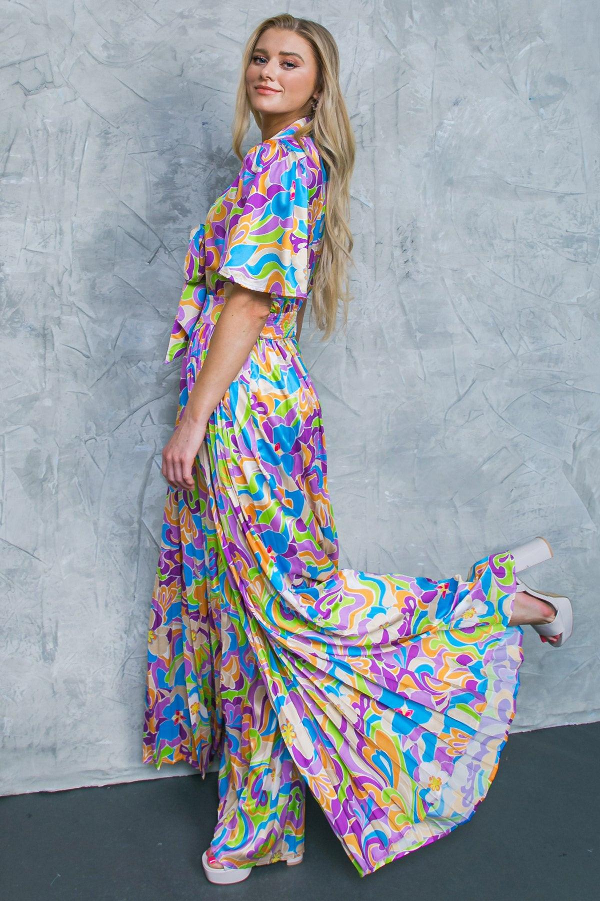 Secret Place Woven Jumpsuit with Shirt Collar V Neck and Pleated Wide Leg Pants in 20pur 20lim11 — Soul Flow Apparel