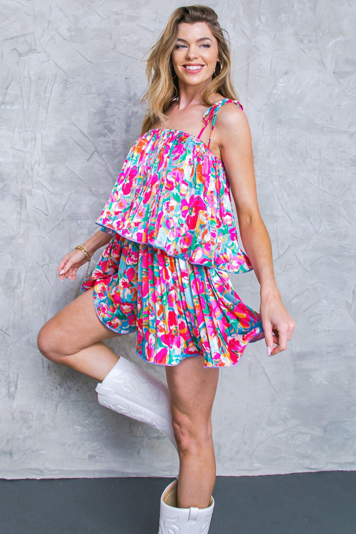 Put a Spin Woven Romper Pleated with Shoulder Ties Straight Neckline in 20blu 20fuc3 — Soul Flow Apparel