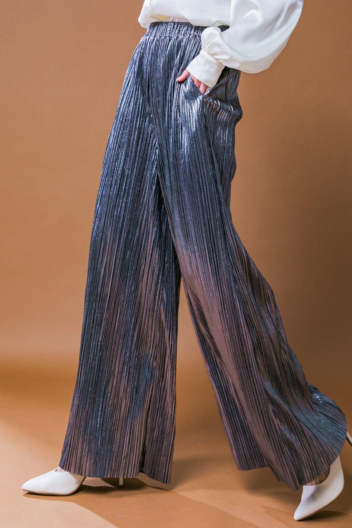 Porch Swing Kisses Woven Pants Wide Leg Pleated Elasticized Waistband in 20gun 20met40 — Soul Flow Apparel
