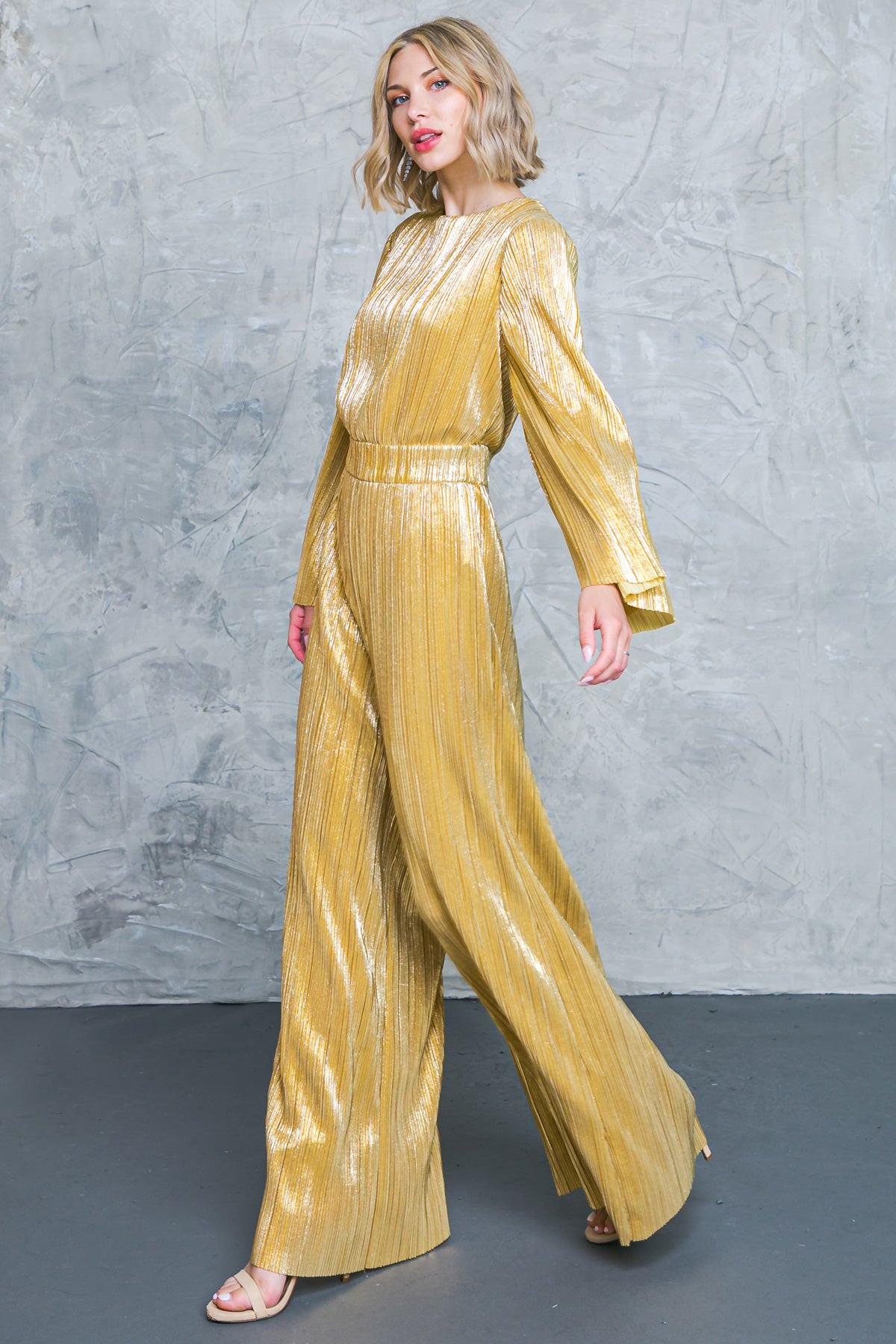 Dare to Dazzle Plisse Jumpsuit with Bell Sleeves Wide Legs in 20gol37 — Soul Flow Apparel