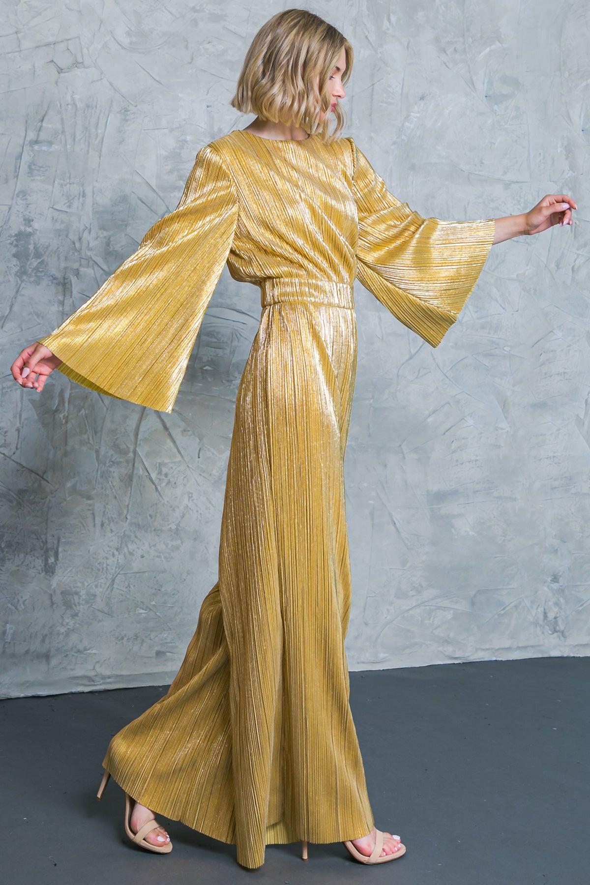 Dare to Dazzle Plisse Jumpsuit with Bell Sleeves Wide Legs in 20gol42 — Soul Flow Apparel