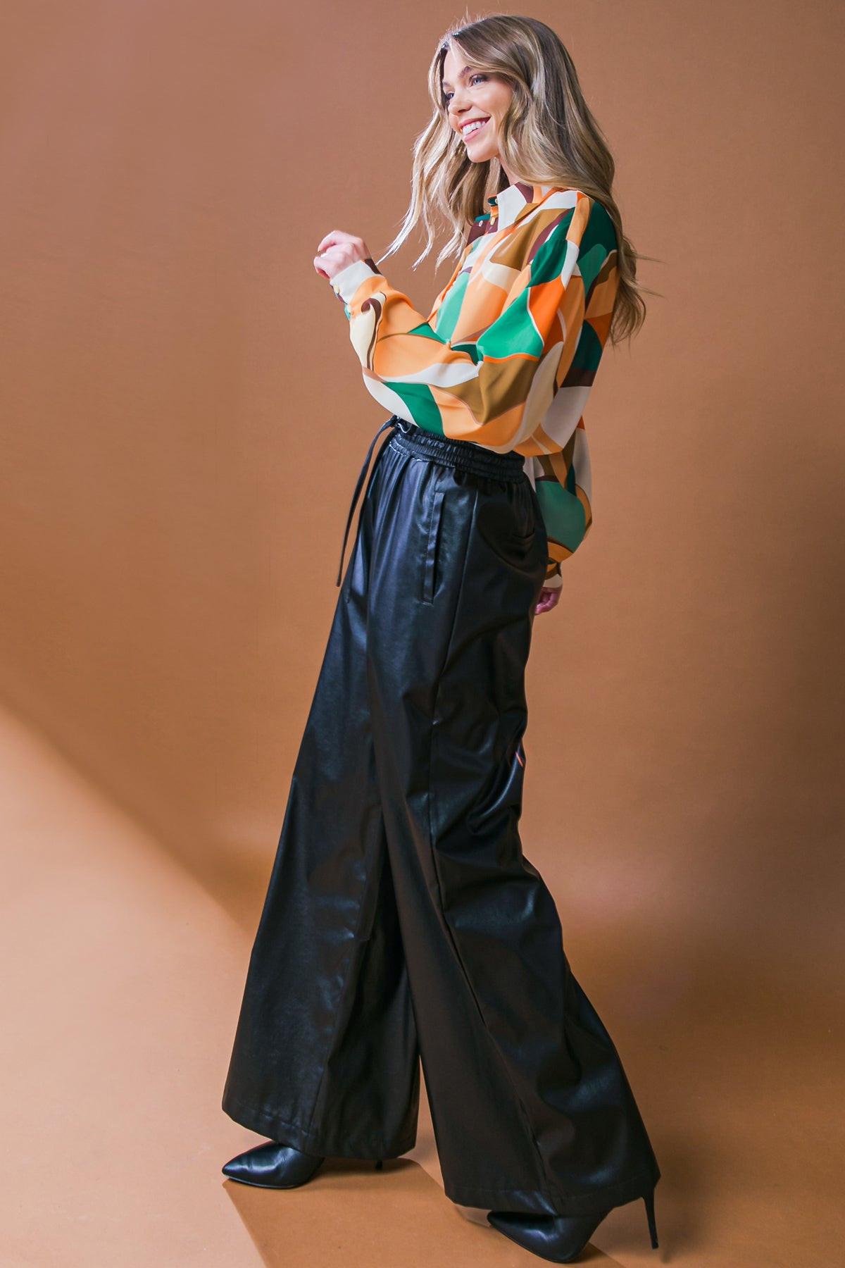 Iconic Reputation Leather Pants with Elastic Waist and Tie Detail in 20bla29, view 1 — Soul Flow Apparel