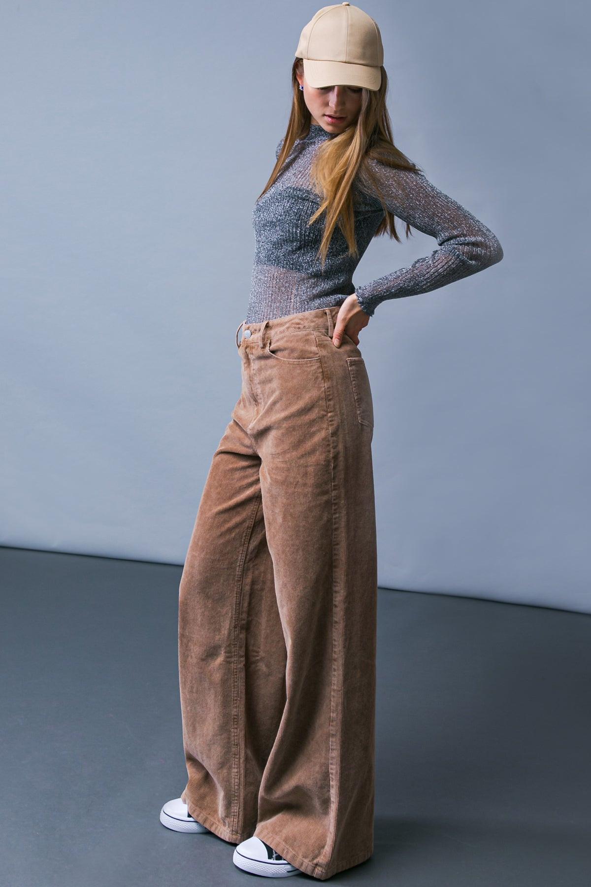 How Dare You Corduroy Pants Wide Leg Front Closure Back Pockets
