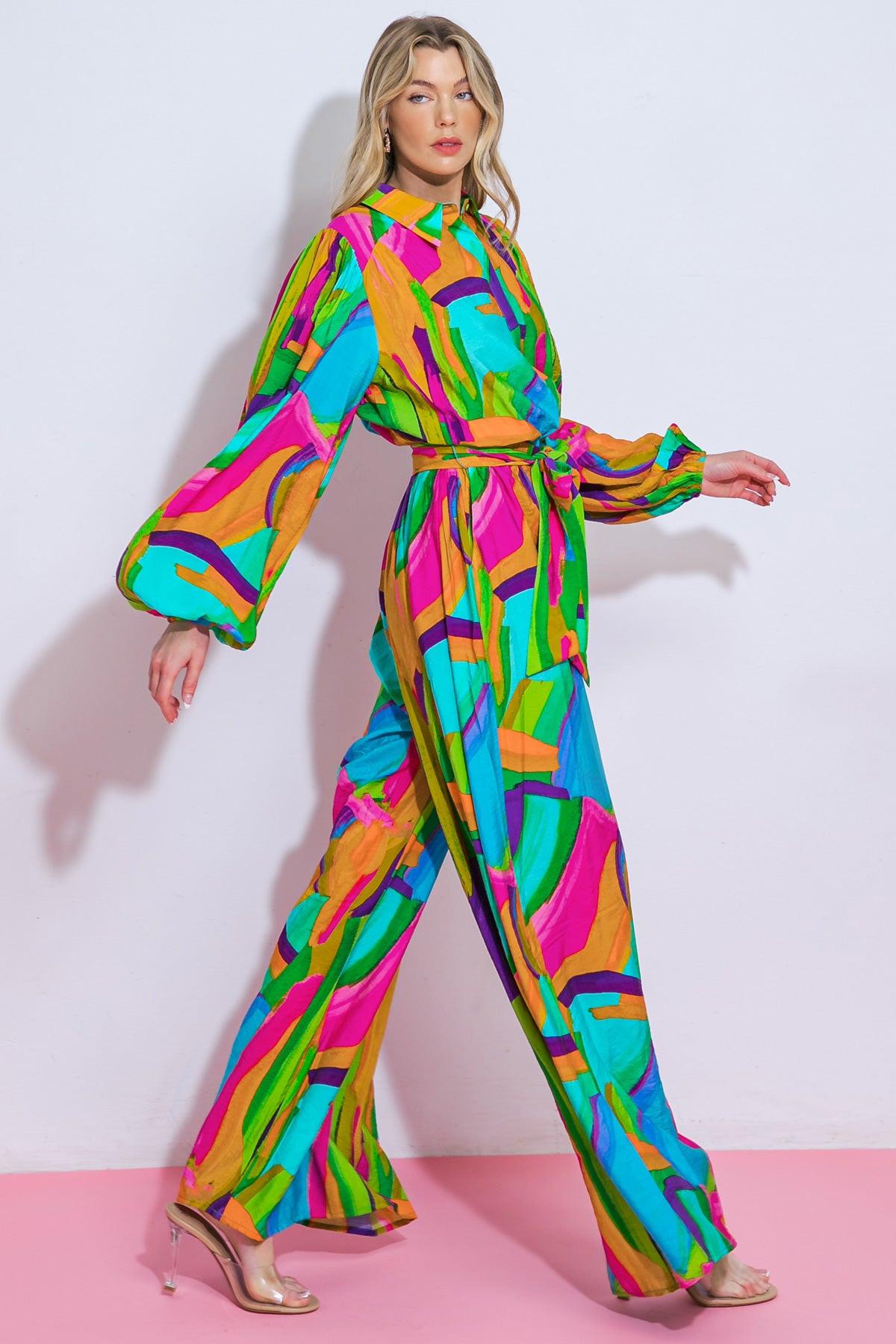All My Heart Woven Jumpsuit with Shirt Collar Blouson Sleeves and Wide Leg in 20gre 20pin27 — Soul Flow Apparel